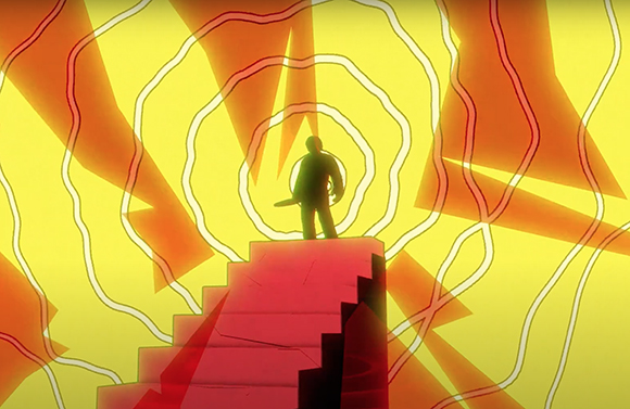 Silhouette of a person holding a sword standing on red stairs against a yellow background with radiating lines.