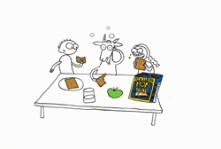 Line drawing of three cartoon characters sitting at a table with snacks and a box of Pop Secret.