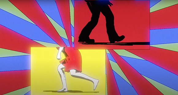 Animated silhouettes of legs walking against a red and blue sunburst background.