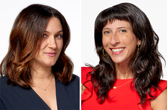 Two portraits of women: one with wavy brown hair in a dark top, the other with dark hair and bangs in a red top.