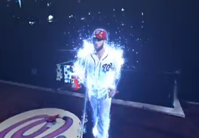 A baseball player in a white uniform and red cap surrounded by bright blue glowing light effects.