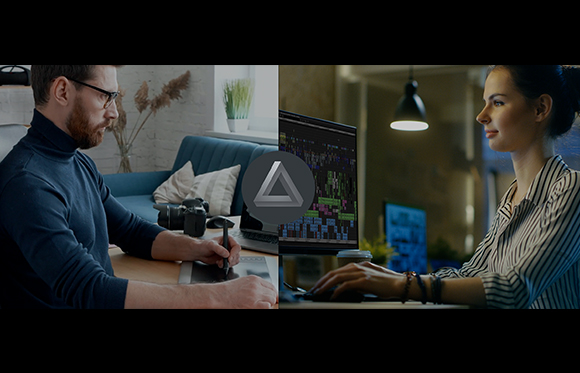A man uses a drawing tablet and a woman uses a computer mouse in a split-screen composition.