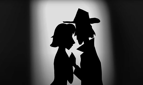 Black silhouettes of a woman and a man in a hat facing each other against a bright white light.