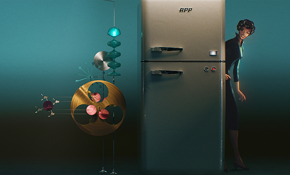 A woman peeks from behind a tall refrigerator next to a film reel and a hanging light fixture.