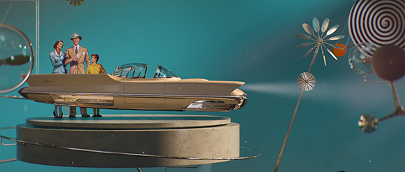 A family of three stands behind a sleek, tan hovercraft on a circular platform amidst retro-futuristic decor.
