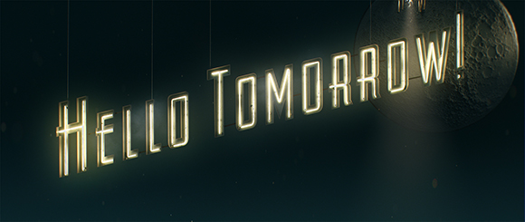 Glowing neon text reading 'HELLO TOMORROW!' hanging in front of a large, cratered moon in dark space.