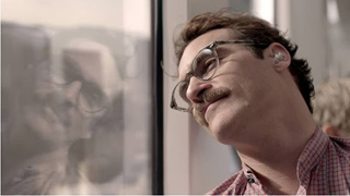 A man with glasses and a mustache leans his head against a window frame, looking upward.