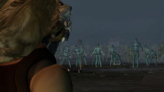 A person's shoulder and head in the foreground looking toward a crowd of pale, glowing humanoid figures.