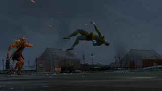 A muscular figure in dark clothing leaps through the air toward another figure in a combat setting.
