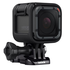A small black action camera attached to a mounting bracket on a white background.