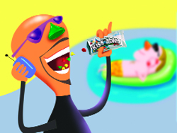 Orange cartoon character wearing sunglasses and listening to music while holding a Kissables candy bar.