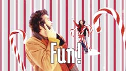 A man on a phone against red and white stripes with candy canes and the text 'Fun!'