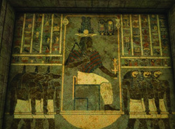 Egyptian mural showing a central seated figure flanked by rows of smaller figures and hieroglyphic columns.