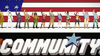 Animated characters in various outfits stand in a line before a large American flag above the word COMMUNITY.