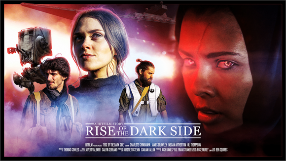 Movie poster featuring four characters and a small droid against a dramatic, cosmic background.