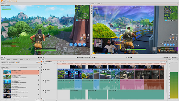 Video editing software interface displaying a split-screen gaming session and a multi-track timeline below.