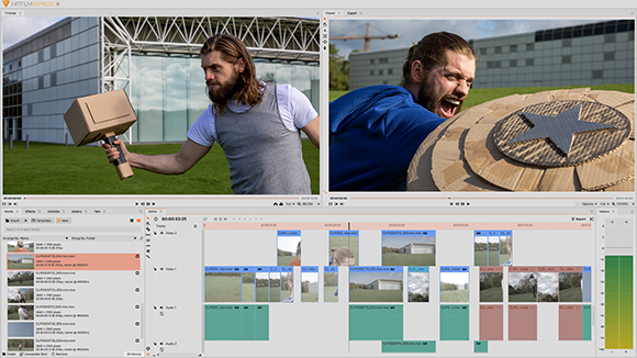 Video editing software interface displaying two clips of a man using cardboard props in front of a building.