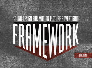 Text graphic on a textured gray background reading 'SOUND DESIGN FOR MOTION PICTURE ADVERTISING FRAMEWORK'.