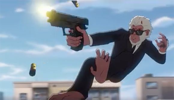 An animated monkey wearing a suit and sunglasses jumps through the air while firing a handgun.
