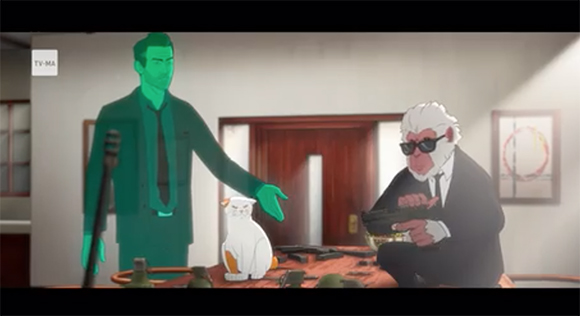 Animated scene with a translucent green man standing behind a white cat and a man in a suit holding a gun.