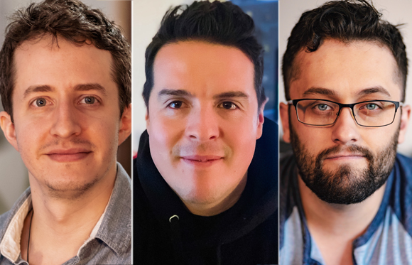 Three portrait headshots of men looking forward against neutral backgrounds.