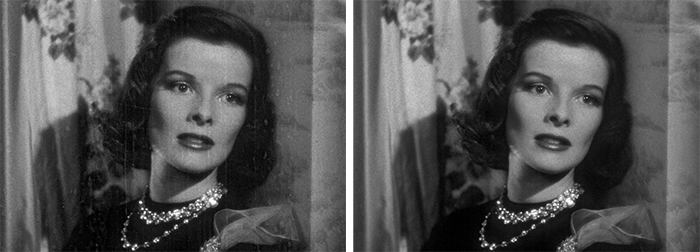 Two side-by-side black and white portraits of a woman wearing a necklace and dark clothing.