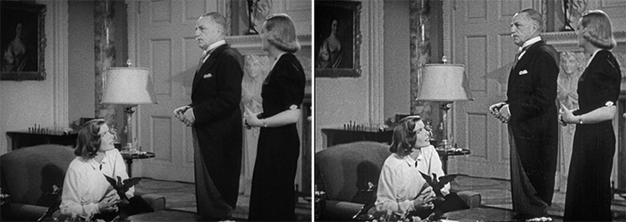 Black and white film stills showing a man in a suit and two women in formal attire in a decorated room.