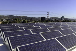 Rows of blue solar panels on a rooftop with a city and mountains in the background under a clear sky.