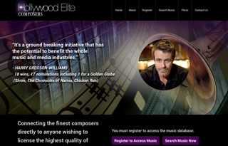 Website for Hollywood Elite Composers featuring a testimonial and a portrait of a man in a circular frame.