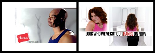 Split image showing a man in a blue tank top and a woman in a pink top with Hanes branding.