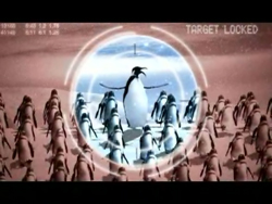A penguin is centered within a glowing circular target reticle amidst a large group of penguins.