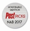 Circular silver badge reading Honorable Mention PostPicks NAB 2017