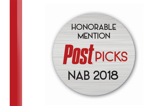 A circular silver seal reading Honorable Mention Post Picks NAB 2018.