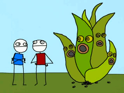 Two stick figures stand on green ground looking at a large green plant with multiple eyes.