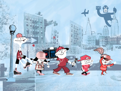 Cartoon characters walking through a blue-toned cityscape with buildings and a plane in the sky.
