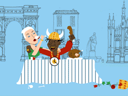 Cartoon illustration of two people dining at a striped table against a backdrop of European city architecture.