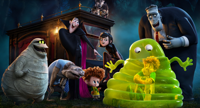 Animated monsters including a vampire, Frankenstein's monster, a mummy, and a green blob character.