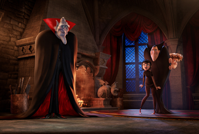 Animated vampire characters and a young girl in a dark, gothic castle room with red curtains.