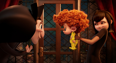 An animated woman holds a small, red-haired child up to a man wearing a large black hat.