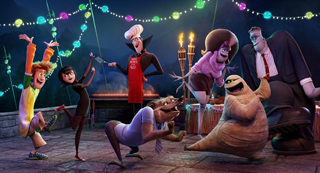 A group of diverse animated monsters and humans dancing together under string lights at night.