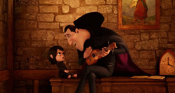 Animated vampire man in a black cape sitting next to a small girl in a dark room.