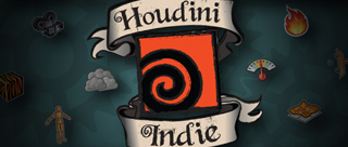 Houdini Indie logo centered between white banners, surrounded by small icons on a dark background.