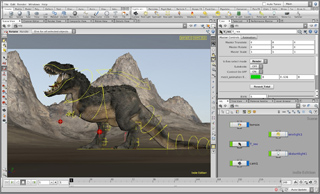 3D software interface displaying a digital Tyrannosaurus Rex model with yellow wireframe curves in a mountain landscape.