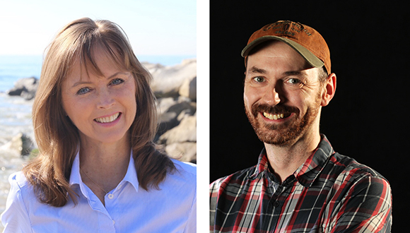 A woman smiling outdoors by the ocean and a man smiling in a plaid shirt against a black background.