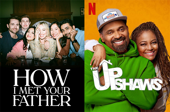 Promotional posters for two TV shows side-by-side: a group cast on the left and a smiling couple on the right.