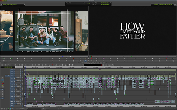 A video editing timeline displaying a group of people in a frame and the title How I Met Your Father.