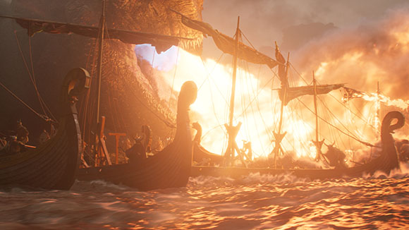 Viking longships sail through choppy waters near a massive creature and large flames.