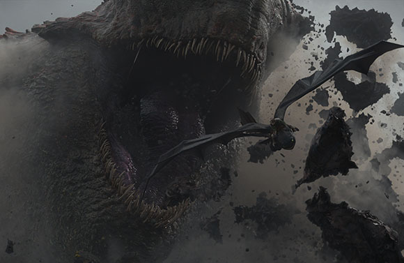 A massive creature with sharp teeth opens its mouth near a flying creature in a cloud of dust and debris.