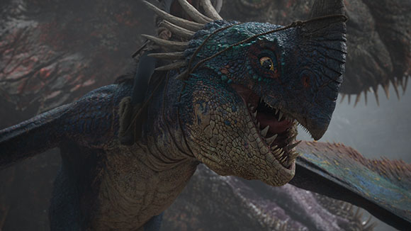 Close-up of a blue-scaled creature with sharp teeth, a large beak-like snout, and spikes on its head.