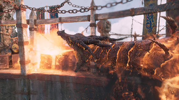 A dark dragon breathes fire from a wooden platform surrounded by chains and banners.
